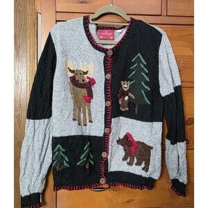 Holiday Lodge Cardigan Sweater Size Medium Christmas Holiday Cabin Moose Rustic
